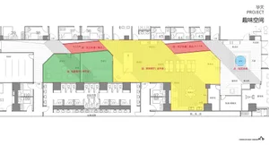 A detailed architectural plan of an office space showing various functional areas and layout details.