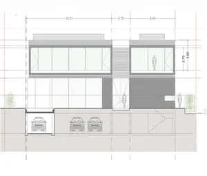 Modern architectural design featuring transparent glass walls, robust concrete structures, and metallic accents.