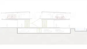 Floor plan drawing of a modern office space with steel and glass architecture