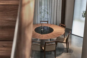 A round wooden dining table with a glass center surrounded by four modern chairs and a plant in the middle.