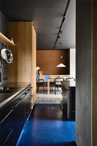 Modern, minimalist residential kitchen with blue terrazzo flooring and wood cabinets.