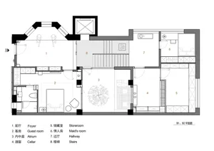 Floor plan of a modern architecture interior design featuring a living area with a fireplace, dining area, kitchen, and bathr