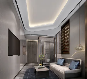 A modern minimalist living room with concrete walls, a white sofa, and a flat-screen TV.