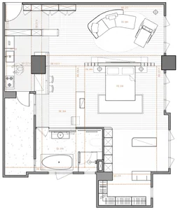 An architectural blueprint of a modern residential floor plan featuring a living room, kitchen, bedroom, and bathroom.