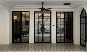 Modern living room interior design featuring metal and glass doors