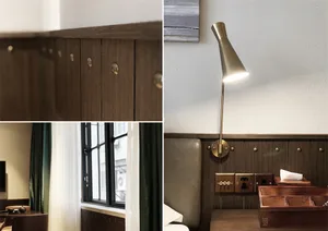 Bedroom interior with wooden and metallic accents