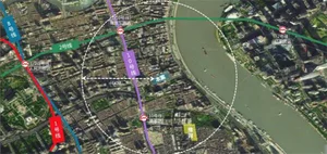 Aerial map of an urban area with multiple subway lines and a river.