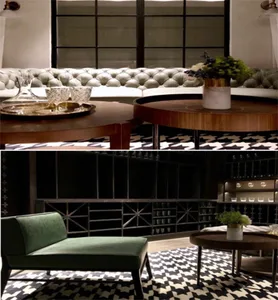 Modern lounge space with a mix of furniture and decor.