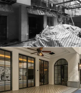 Before and after images showing a building's exterior renovation with a focus on the texture of the construction materials an