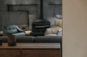 A modern living room with a concrete wall feature.