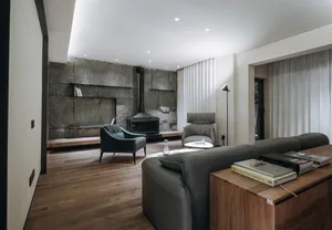 Modern living room featuring a textured concrete wall, natural wood floor, and minimalist furniture.