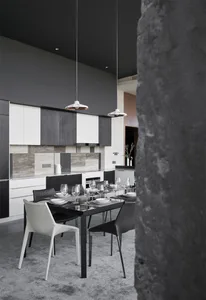 Modern interior design featuring metallic black and white kitchen and dining room with pendant lights and sleek furniture.