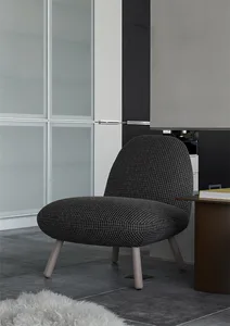 A modern office chair with a black pattern fabric upholstery and wooden legs.