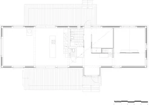 A linear architecture floor plan showing a long, narrow layout.