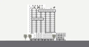A modern residential building constructed with glass, concrete, and steel.