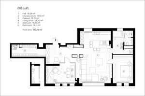 A detailed 2D architectural drawing of the OK Loft with dimensions for each room.