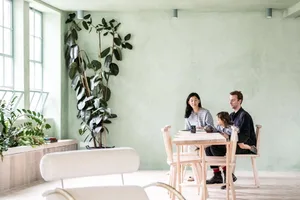 A cozy residential interior with wooden furniture and green plants.