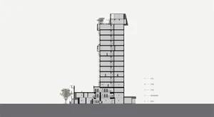 A modern apartment building with concrete and glass materials, showing its floor plan.