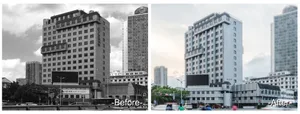 Modern high-rise building constructed with concrete materials.