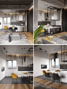 A modern kitchen with concrete walls, white countertops, and wooden flooring, featuring a dining table with yellow chairs.