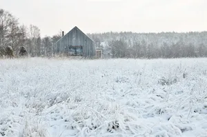 A rustic cabin covered in snow surrounded by a snowy landscape and trees in the background.