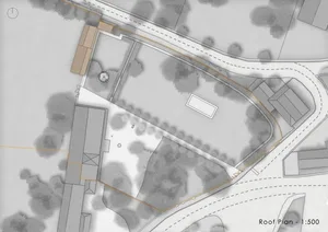 Grey-scale rendering of an architectural roof plan with a roof and walls.