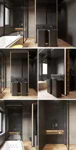 Modern minimalist bathroom with concrete sinks and floor-to-ceiling glass shower enclosure.