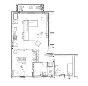 Floor plan of a modern interior with simple lines and a minimalist design aesthetic, showcasing the layout of rooms and space
