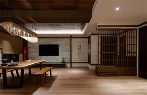 A modern living room featuring wooden furniture, with a focus on the interior design elements and the use of wood.