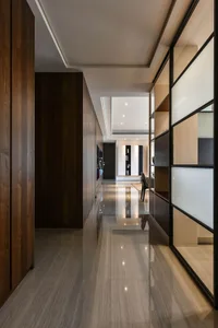 Contemporary residential hallway featuring modern materials and sleek design.