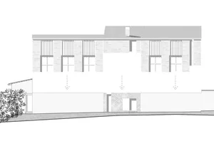 Cross-section diagram of a residential home showing floor plan, materials, and structure.