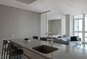 A modern residential kitchen featuring concrete material and minimalist design.