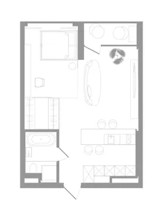 A 2D architectural drawing of a modern apartment layout.