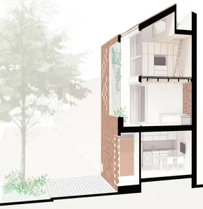 An architectural section drawing of a modern brick interior establishment