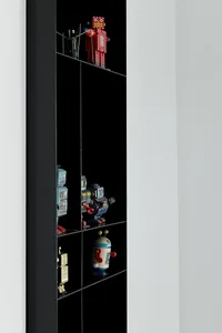 A black display case filled with metallic robot toys.
