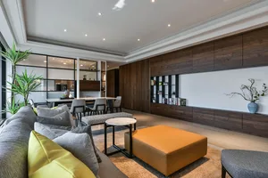 Modern living room featuring contemporary furniture and materials