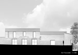 A rendering of a house exterior showcasing brick and glass materials.