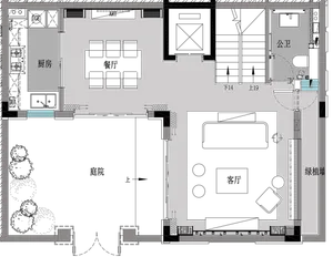 Floor plan of a modern apartment interior with open space and minimalistic design.