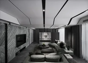 A minimalist living room with marble accent wall, concrete floor, black and white furniture, and a combination of leather and