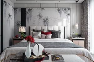 Modern bedroom featuring a textured fabric headboard, wooden flooring, and metal accents.