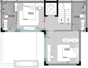 Black and white architectural floor plan with two bathrooms and a central living area.