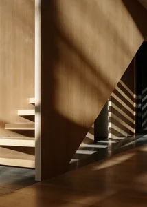 Modern interior staircase featuring wooden steps, an aluminum railing, and sunlight casting shadows on a wooden wall and floo
