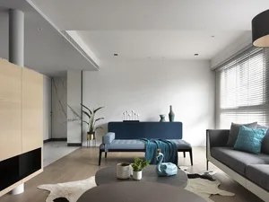 Modern living room with wood, leather, marble, and metal finishes