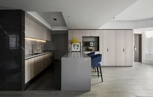 A modern minimalist kitchen with a marble countertop, wooden cabinets, and a central island.