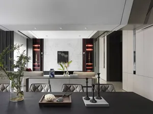 Modern living room featuring concrete and marble materials with contemporary design elements.