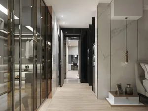 Modern minimalist interior with glass, marble, and wood accents