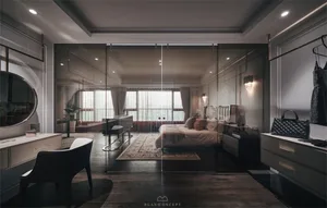 A modern bathroom featuring glass tiles on the walls and floor.