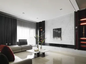 Modern living room with marble flooring, white and black furniture, and a large window with curtains.