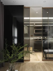 Modern minimalist closet with glass doors and wooden shelves.