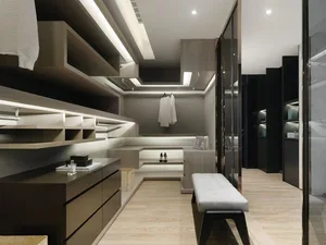 Modern wardrobe made of wood with open shelving and a bench seating area.